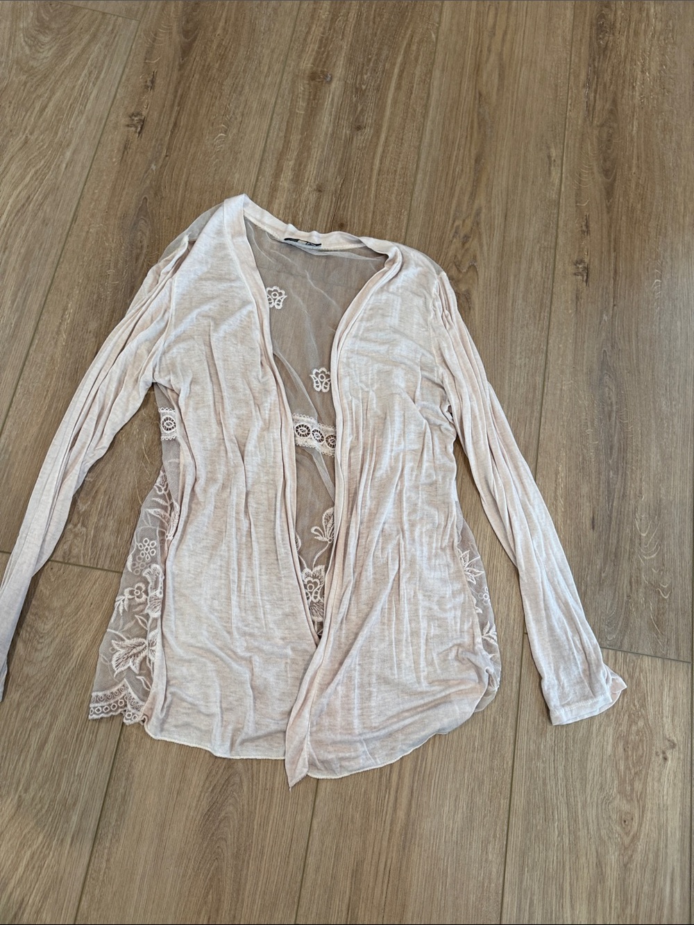 Sheer Lace-Back Open Front Tunic Cardigan in Light Blush